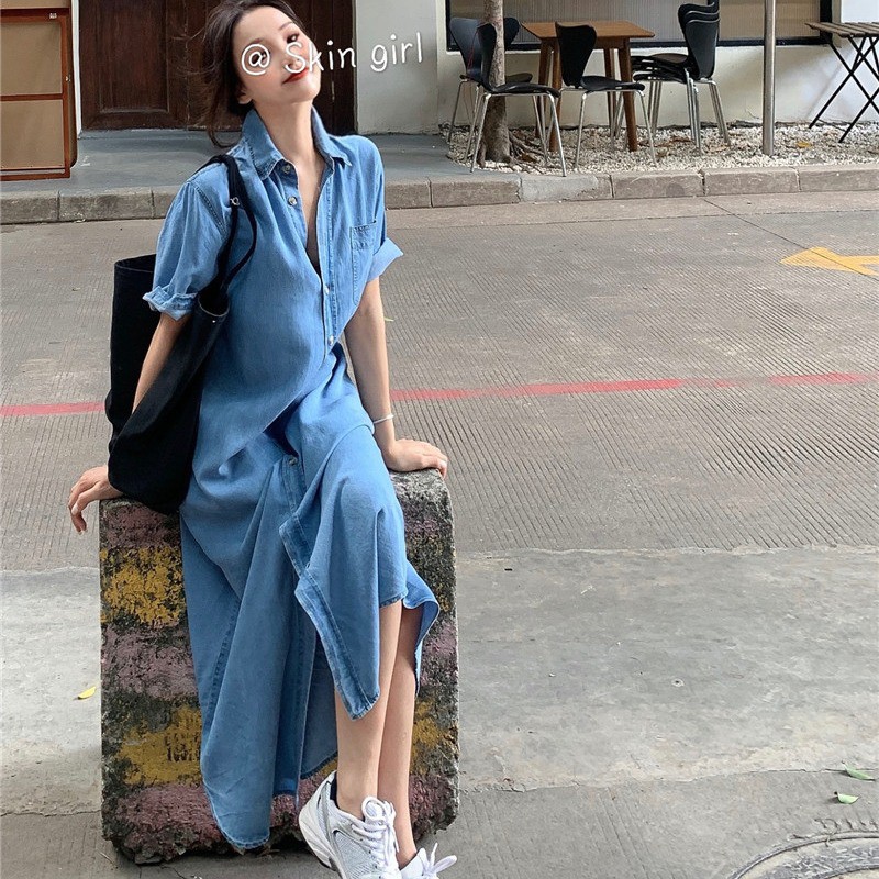 Váy sơ mi bò dáng dài ulzzang (ảnh chụp thật) (Hàng oder chuẩn hình 100%) 030820