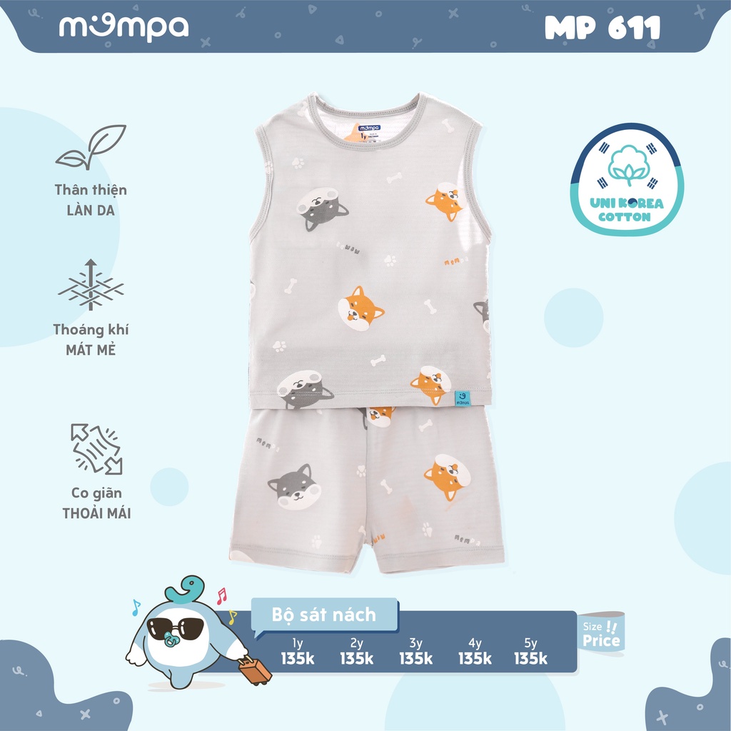 Bộ quần áo cộc tay hè 3 lỗ cho bé Mompa từ 1-5 tuổi vải Cotton thấm hút thoáng mát co giãn mềm mại làn da bé 611