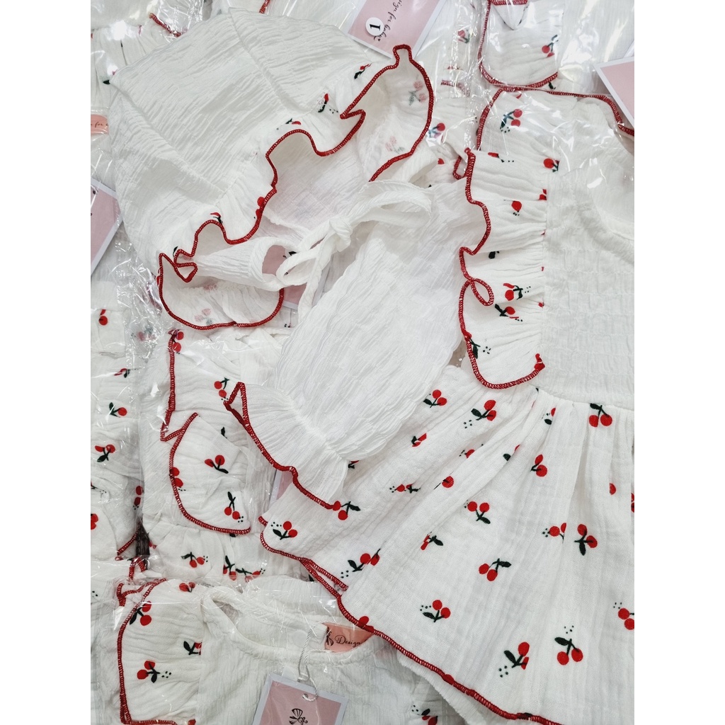Body váy cho bé trắng cherry đỏ kèm mũ