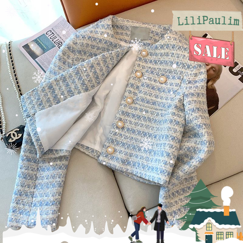 Sẵn Áo khoác dáng ngắn dạ tweed xanh dương style Hàn Quốc [Lili-102]