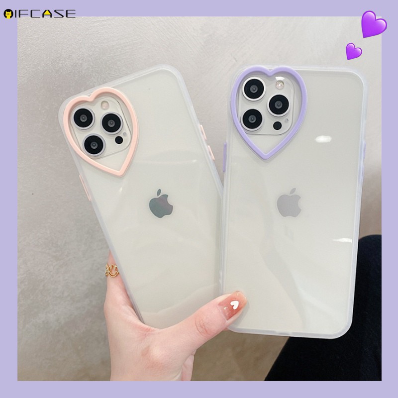 iPhone 12 11 Pro Max XS Max XR XS X 7 8 Plus Phone Case Love Loving Heart Camera Lens Hole Transparent Clear Cute Purple Pink Simple Soft TPU Casing Case Cover