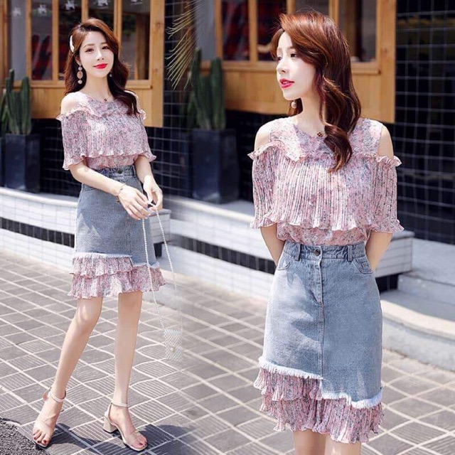 Set jean nữ cao cấp kết hợp áo voan trễ vai phối bèo trẻ trung quyến rũ NP1244