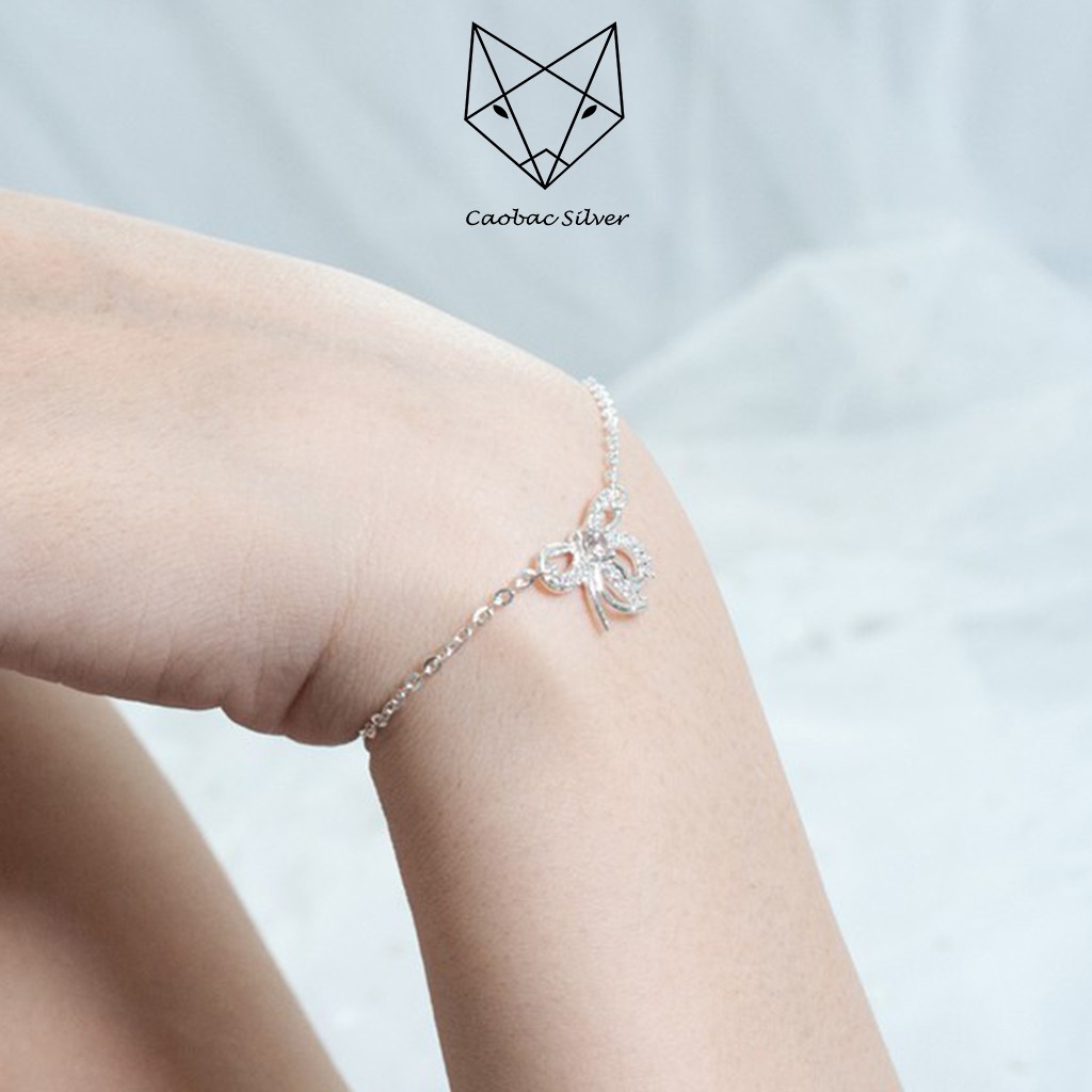 Vòng Tay Lắc Chân Bạc Caobac Silver S925 Họa Tiết Nơ Đính Đá Dây Xích Cho Nữ