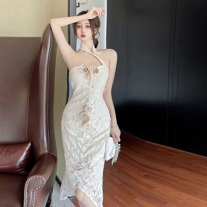 Đầm Hai Dây Dáng Dài Xẻ Tà Phối Ren Hoa Thời Trang Thanh Lịch Gợi Cảm Cho Nữ