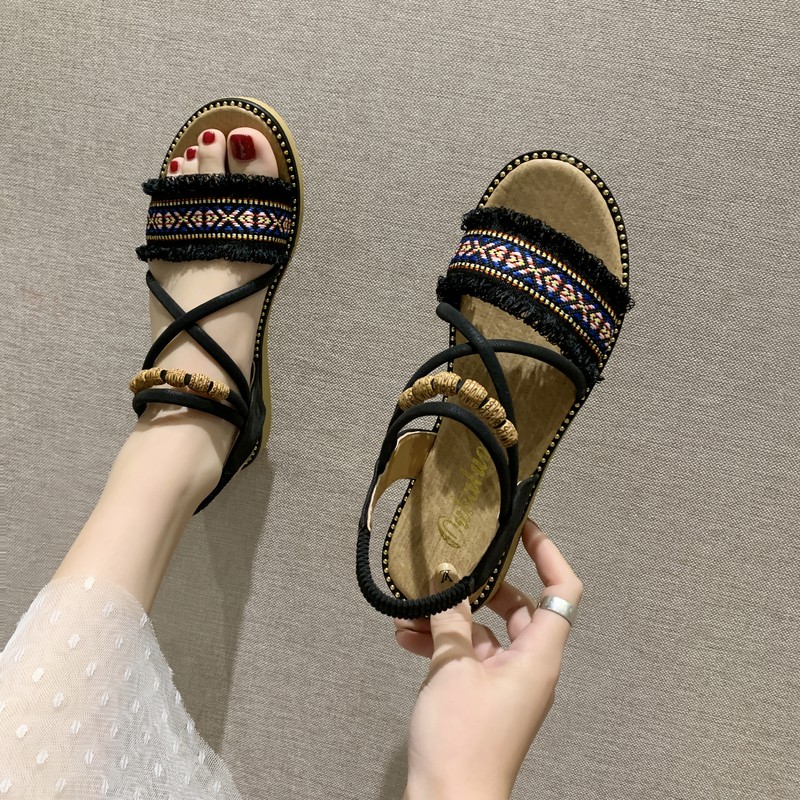 Giày sandal đế bằng đan dây phong cách Bohemian thiết kế độc đáo thời trang cho nữ