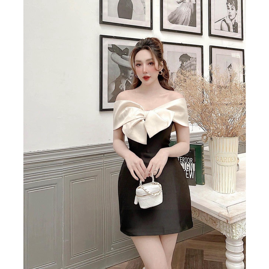 Đầm Body Dự Tiệc Trễ Vai Cúp Ngực Nơ Trắng Dáng Xòe Có Mút Ngực + Lót Quần - 2 Màu Đen, Hồng - Vải Taffta - Mã ETA203