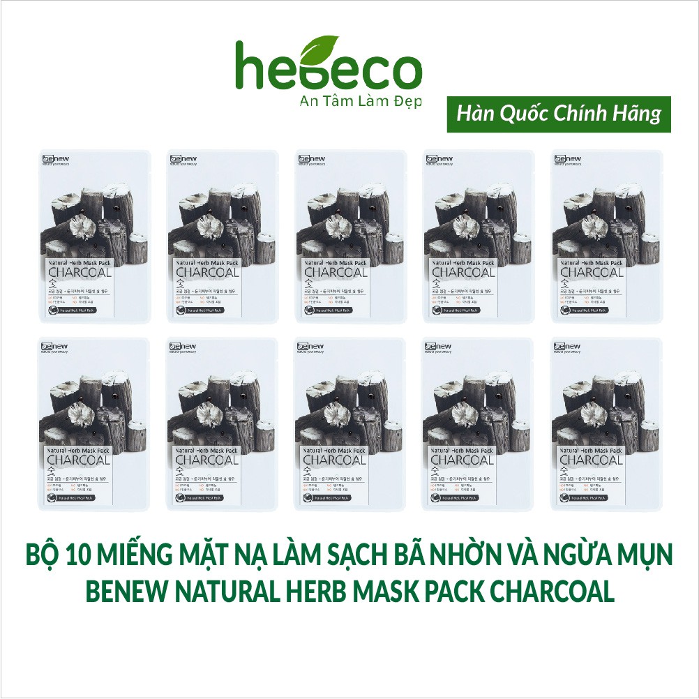 Bộ 10 miếng Đắp mặt nạ làm sạch bã nhờn và ngừa mụn  Benew Natural Herb Mask Pack Charcoal - Hàn Quốc Chính Hãng