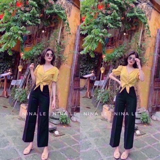 Sét bộ áo vàng cột nơ quần ống rộng siêu xinh