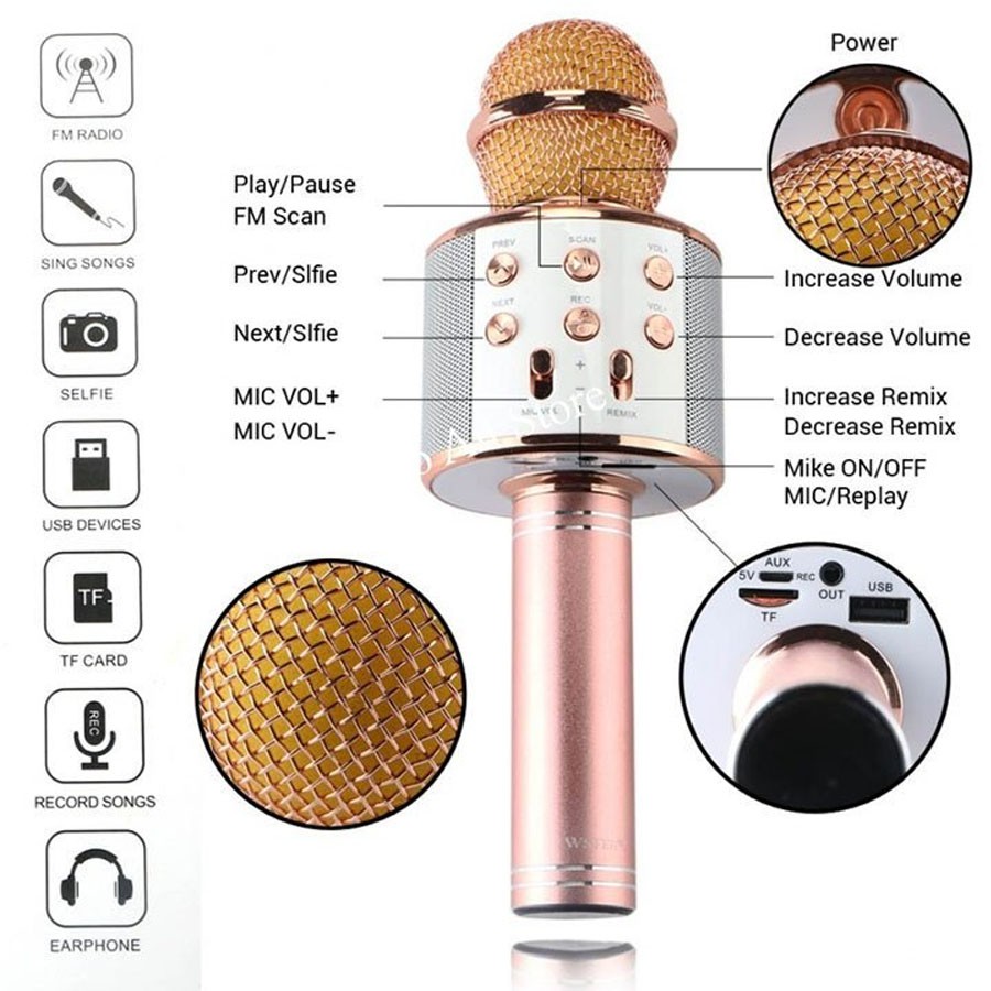 Mic bluetooth hát karaoke TK-858 đa năng 6 trong 1, Bảo Hành 6 Tháng