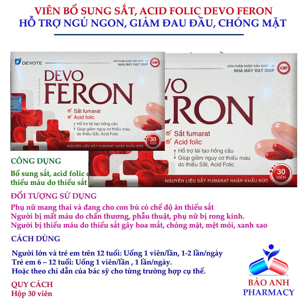Viên uống bổ máu DEVO FERON – Bổ sung Sắt, Acid folic, Vitamin B12 hỗ trợ tái tạo hồng cẩu, giảm nguy cơ thiếu máu – H30