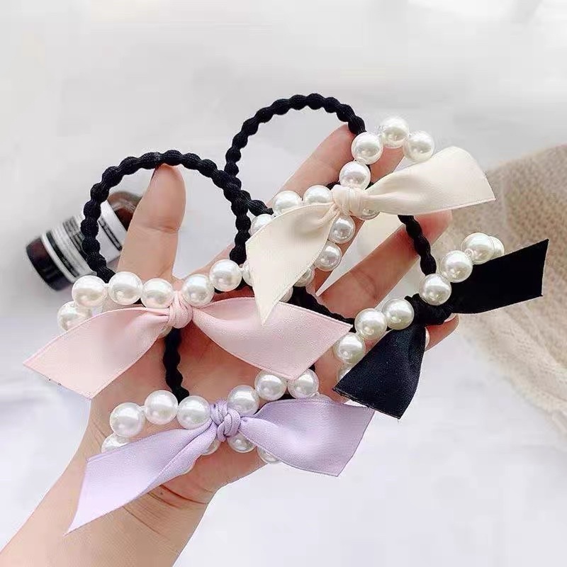 Dây cột tóc nơ Handmade nơ đính hạt ngọc Litte Muse Xinh Xắn Dành Cho Bé Gái