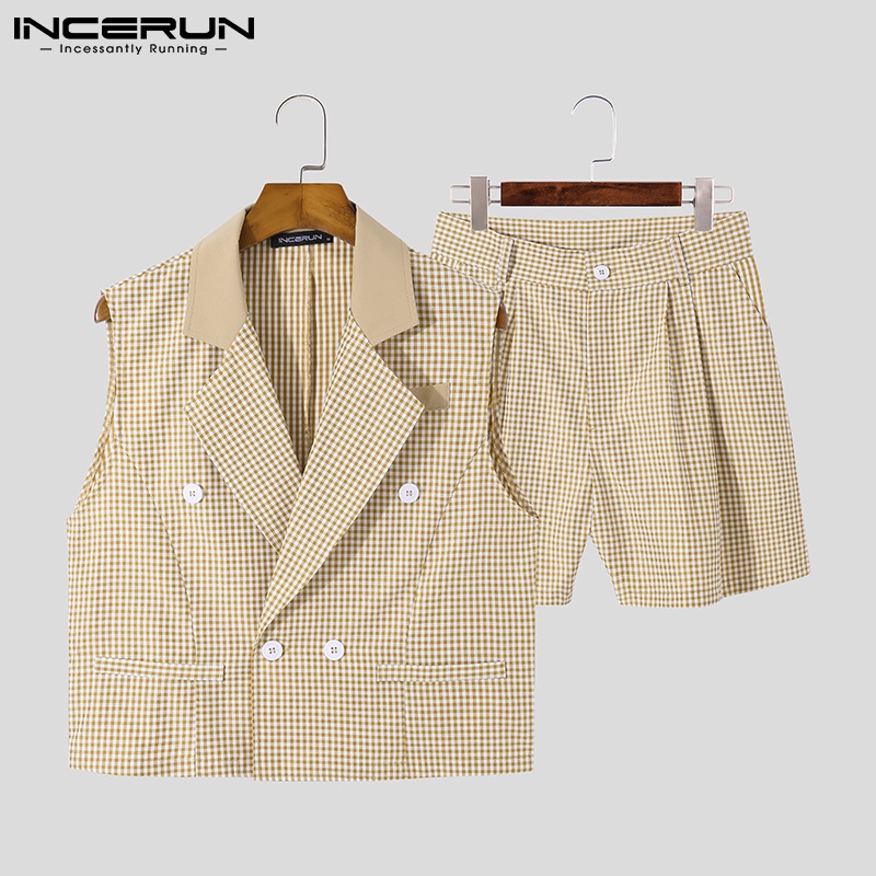 Set đồ 2 mảnh INCERUN gồm áo ghi lê và quần short sọc caro thời trang cá tính cho nam