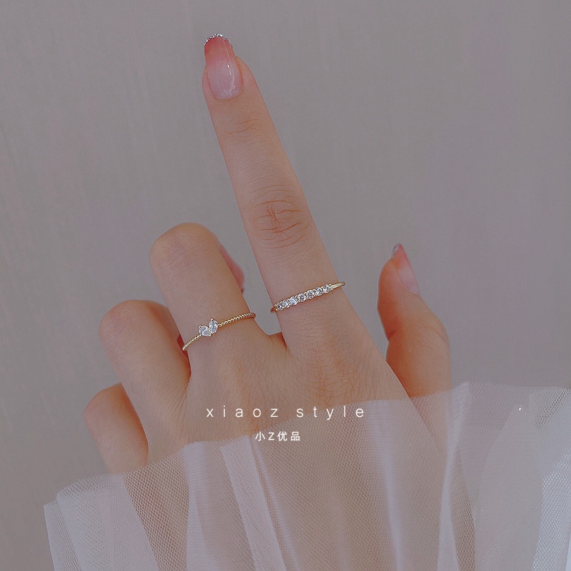 Set 2 Nhẫn Đính Đá Zircon Hình Trái Tim Có Thể Điều Chỉnh Phong Cách Hàn Quốc