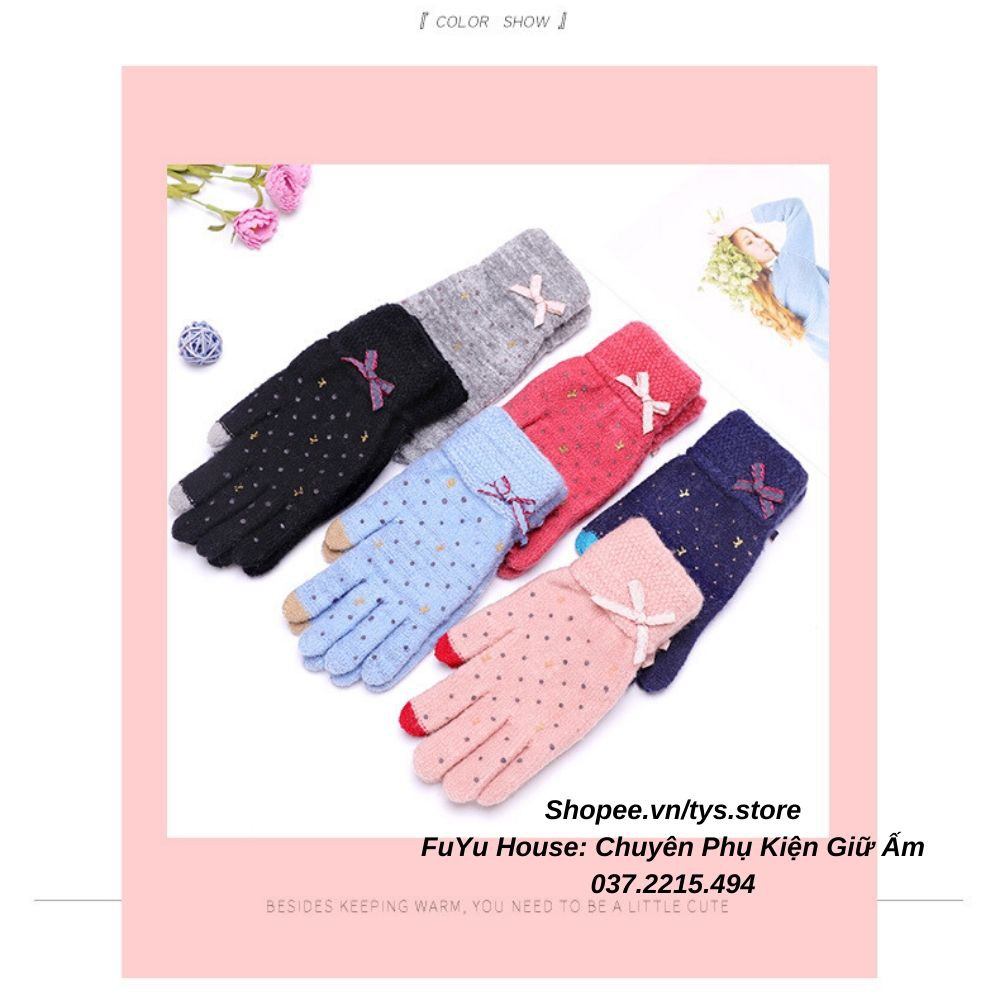 Găng tay len nữ chấm bi nơ dễ thương giữ ấm thu đông phong cách Hàn Quốc - FuYu House