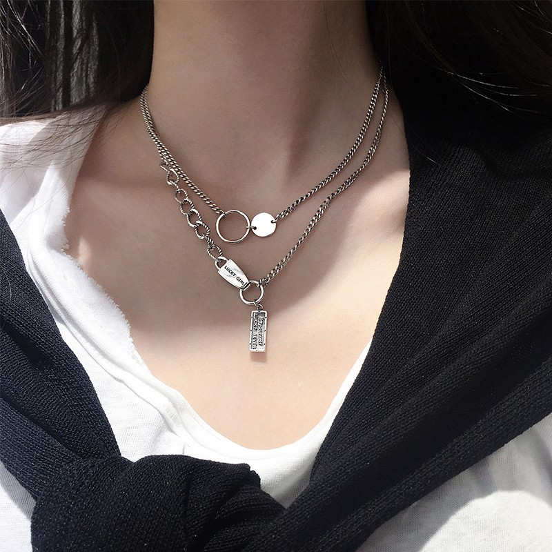 Vòng cổ bạc Sterling Thái cho nữ Chuỗi xương đòn Thương hiệu vuông Lucky Letter Đồ trang sức sang trọng