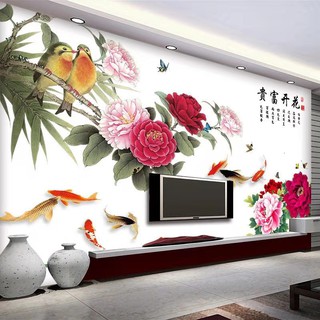 Mẫu mới-Decal dán tường cành hoa mẫu đơn và chim 3D khổ lớn CH2006