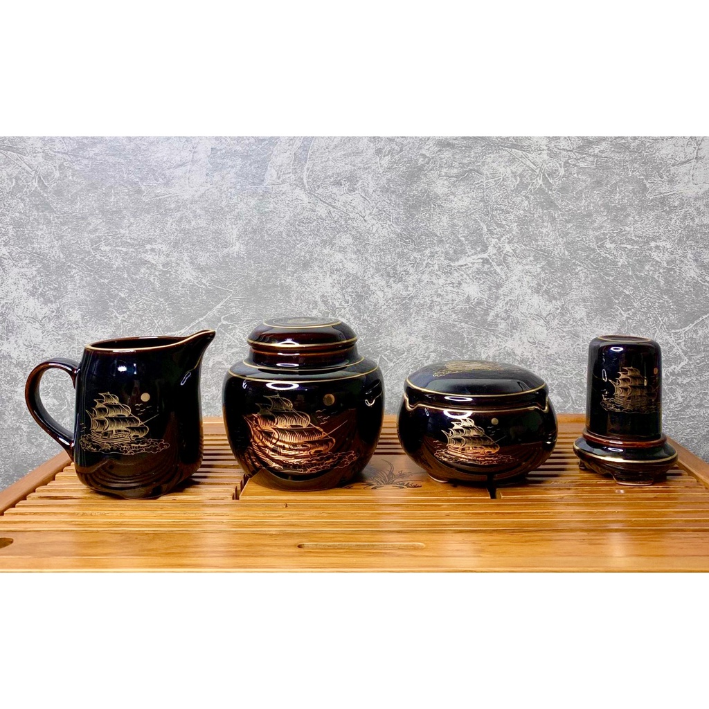 Bộ Ấm Chén Uống Trà, Bộ Bình Trà, Bộ Ấm Trà, Bộ Ấm Chén Bát Tràng - Thuận Buồm Xuôi Gió Men Đen Bóng