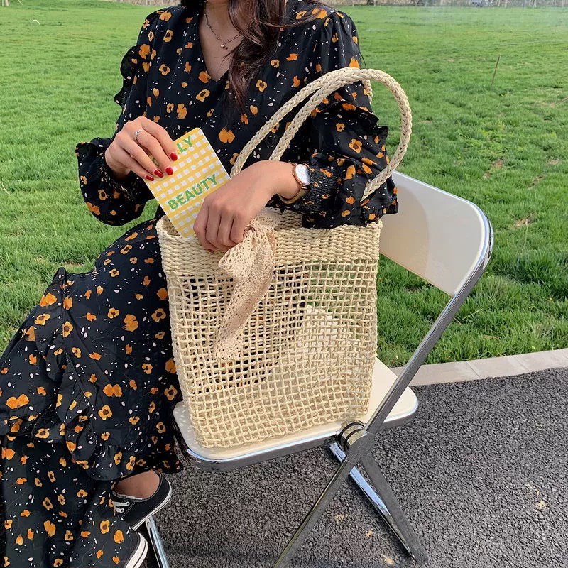 Túi Cói Tote Lưới Vuông Đan Thưa Không Lót Vải Đeo Vai Hàng Chuẩn Quảng Châu Xịn Tặng Nơ Ren Dễ Thương