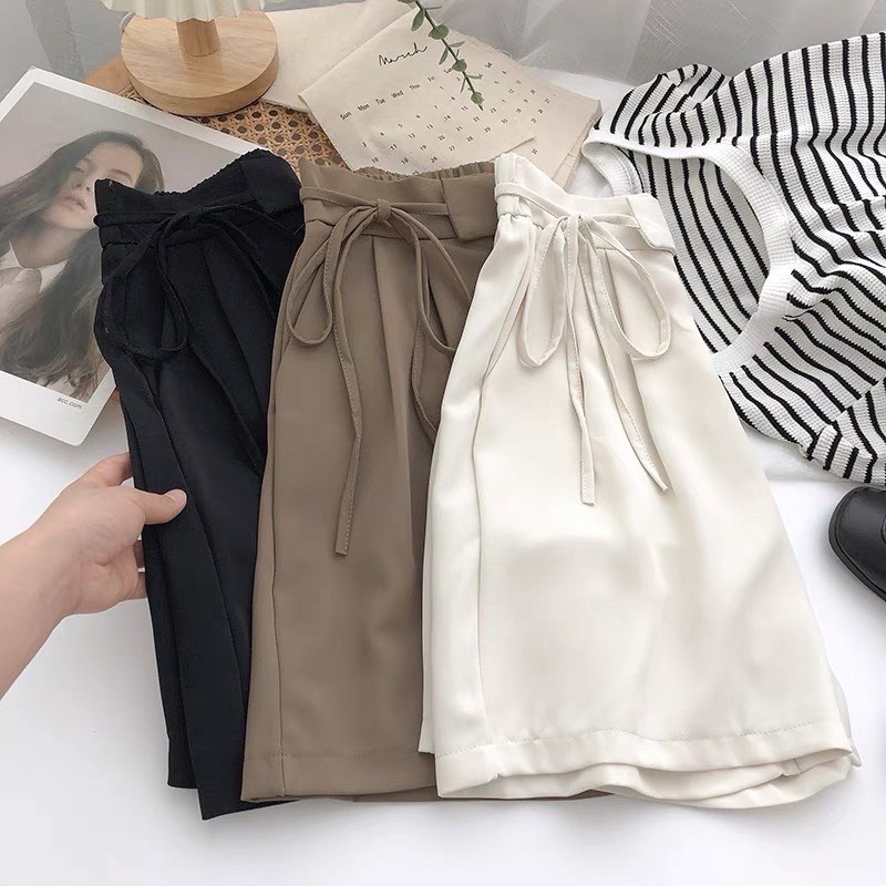 Quần đùi short nữ lửng ống rộng cạp cao thắt nơ bên hông chất vải Ruby mịn đẹp Cherilon-mã 999