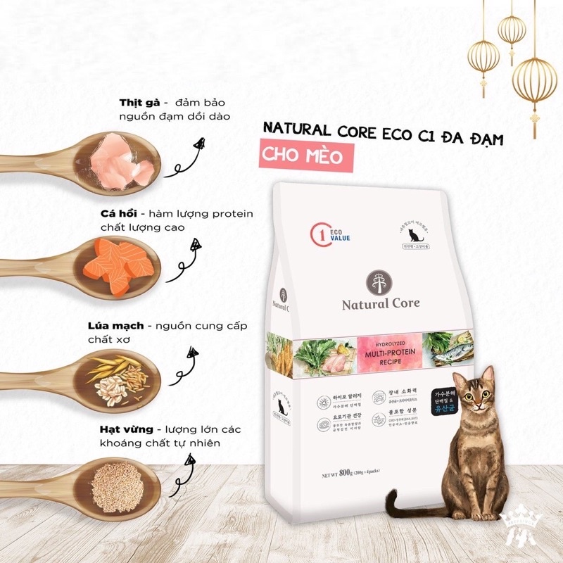 THỨC ĂN HẠT MÈO HỮU CƠ NATURAL CORE ECO ĐA ĐẠM CHO MÈO CẦN TĂNG CÂN 800gr - Mixo Pet Town