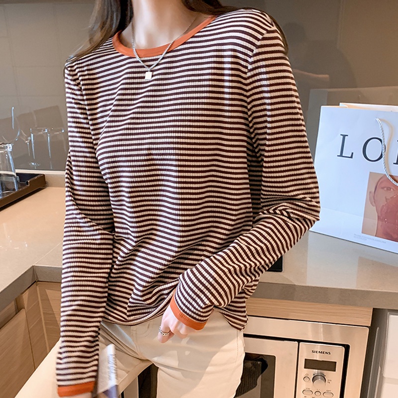 Áo Thun Dài Tay Dáng Rộng Họa Tiết Kẻ Sọc Màu Sắc Tương Phản Thời Trang Mùa Thu Mới