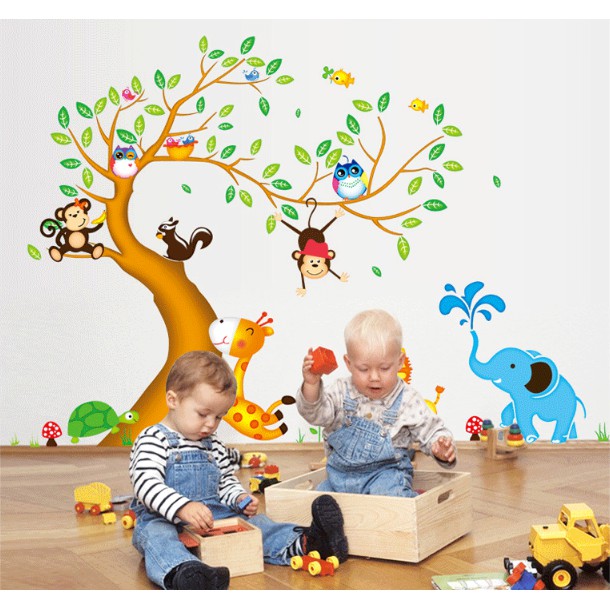 Decal trang trí tường - Thân Cây lá sắc màu vòng cung và các thú vui chơi ( 60X90cmx2 )