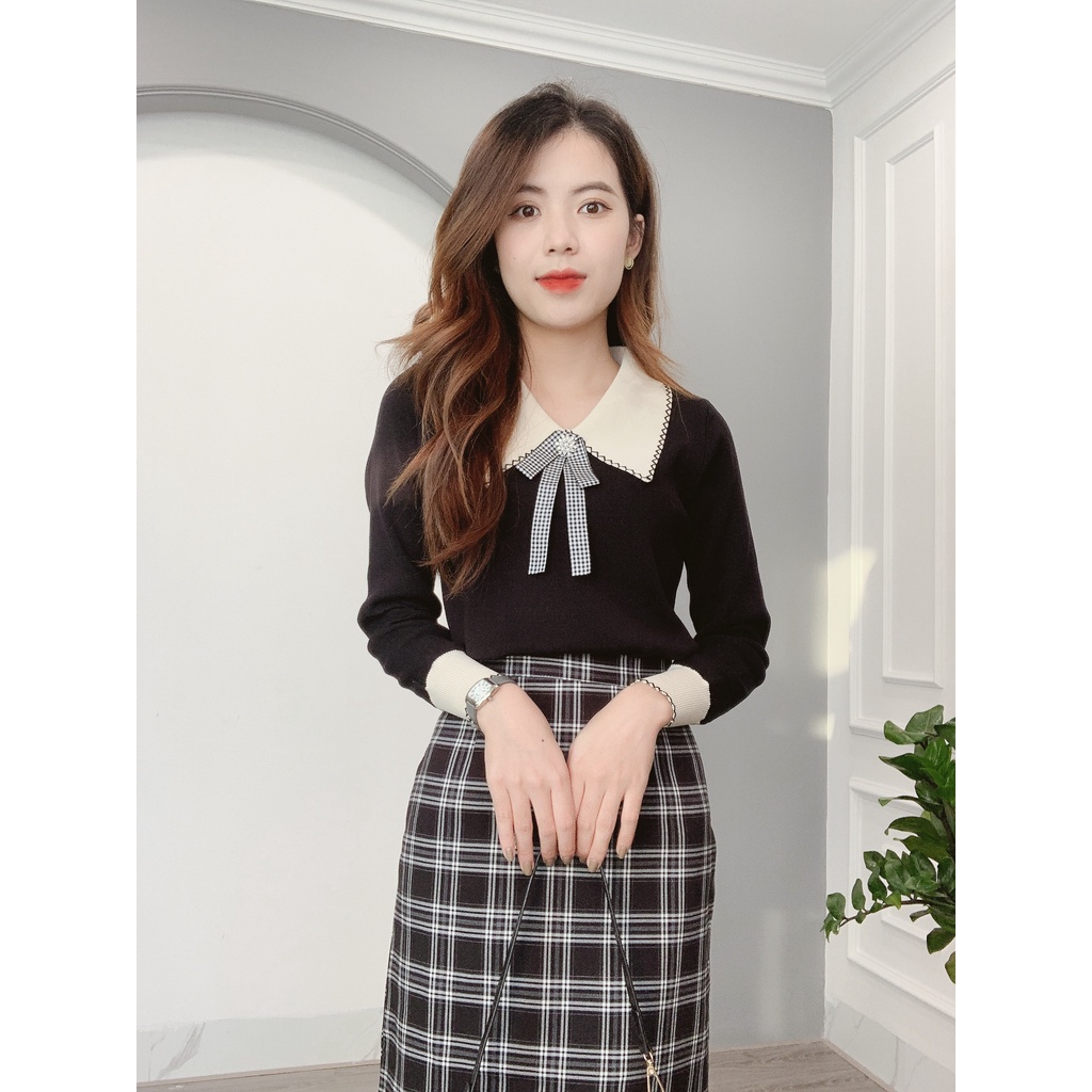 Áo Len Cổ Đức Phồi Màu Kèm Tag Nơ Min House