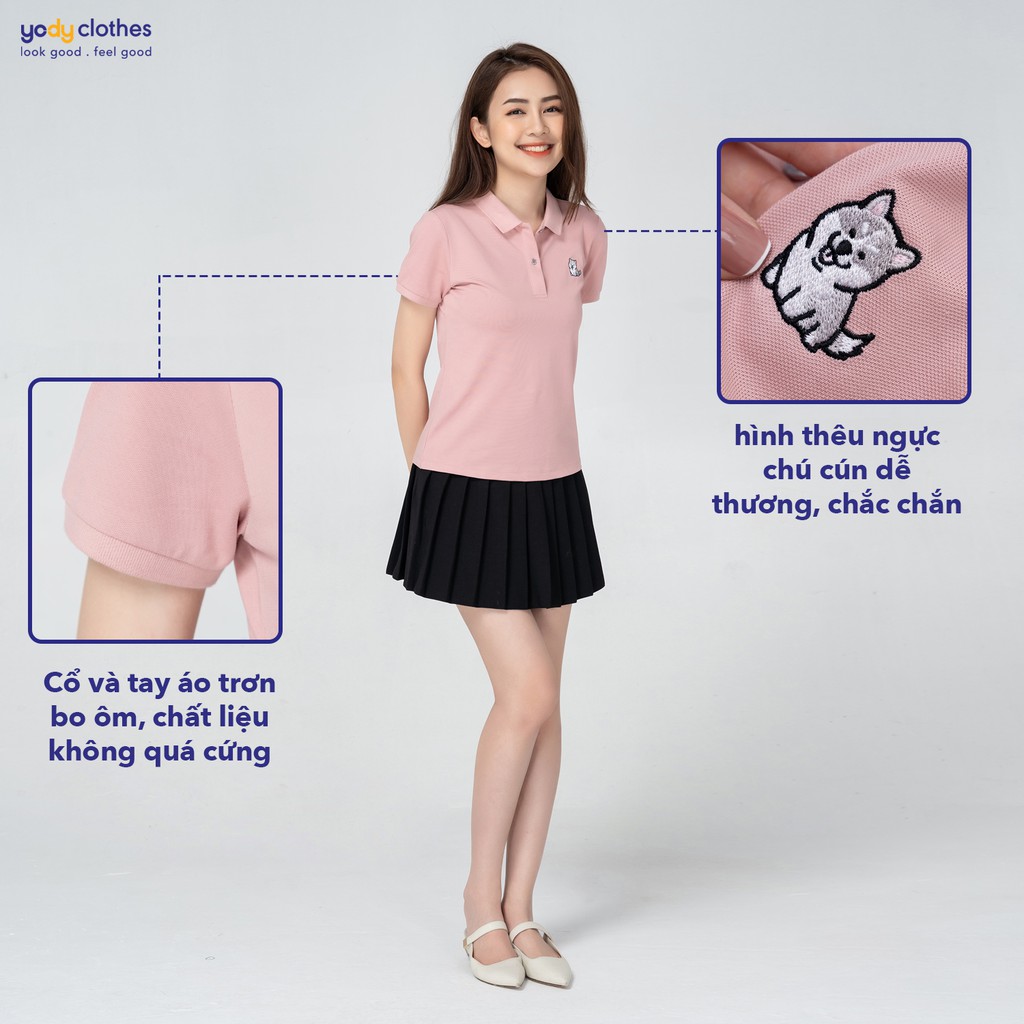 Áo thun polo nữ YODY thêu họa tiết vải mắt chim phù hợp công sở, đi chơi APN3878