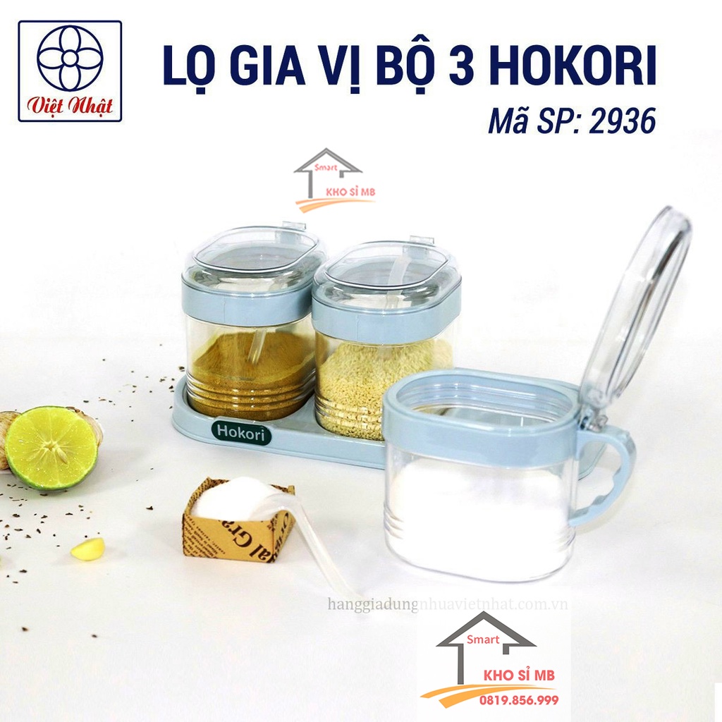 bộ 3 lọ đựng gia vị HOKORI size lớn, hủ đựng gia vị kèm thìa, kệ nhựa trong suốt Việt Nhật kho sỉ mb