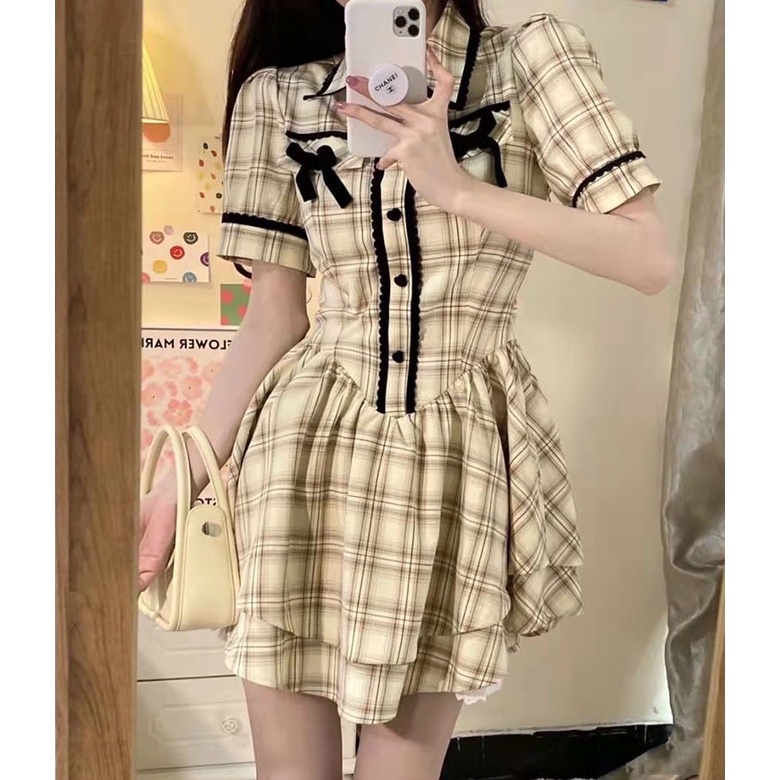 Váy dáng xòe 2 lớp thắt nơ kẻ caro vàng cực xinh Ảnh thật