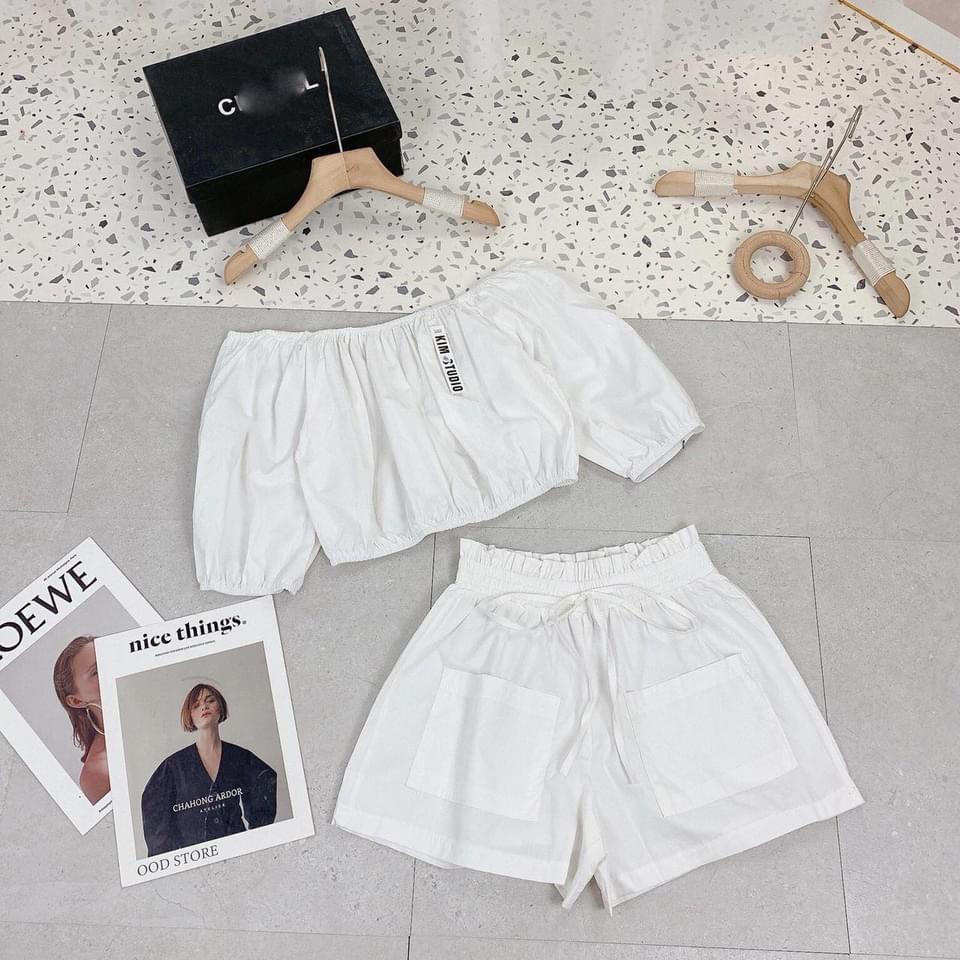 Đồ bộ nữ trễ vai bánh bèo tay ngắn, Set quần áo nữ kiểu: Áo bánh bèo Babydoll Mix Quần Sooc Mặc nhà đi chơi - SN01