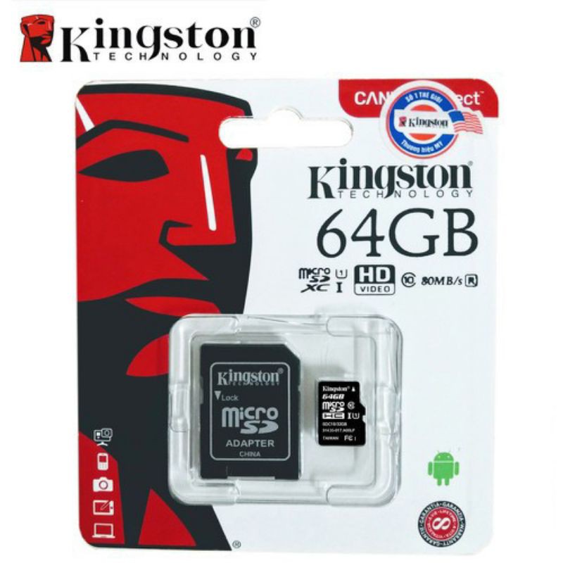 Thẻ Nhớ Micro SDHC Kingston 64GB Class 10 - Hàng Chính Hãng BH 5 Năm
