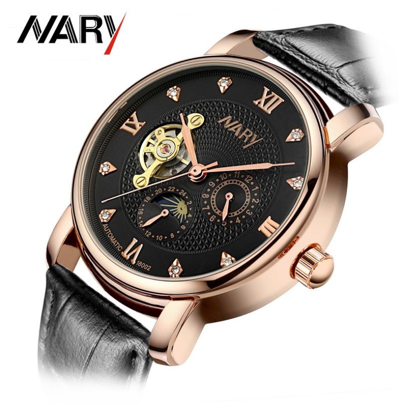 Đồng hồ cơ nam Automatic NARY dây da mặt đính đá sang trong - NARY3 FD