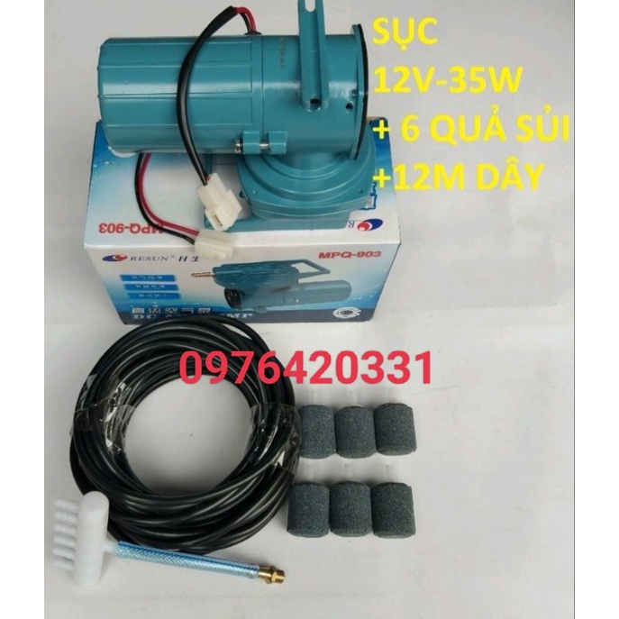 Máy Sủi Tạo Oxy Bể Cá,Tôm Chạy Ắc Quy 12V , Combo Máy Sủi 6quả 12m dây