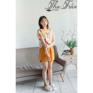 Bộ đồ ngủ lụa Pyjama đùi phối quần màu cam