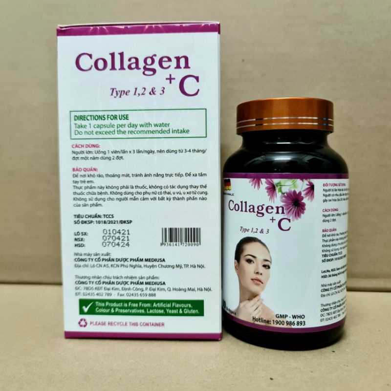 Collagen + C type 1,2 & 3 hạn chế lão hóa làn da, giúp da căng mịn trắng sáng - Hộp 60 viên