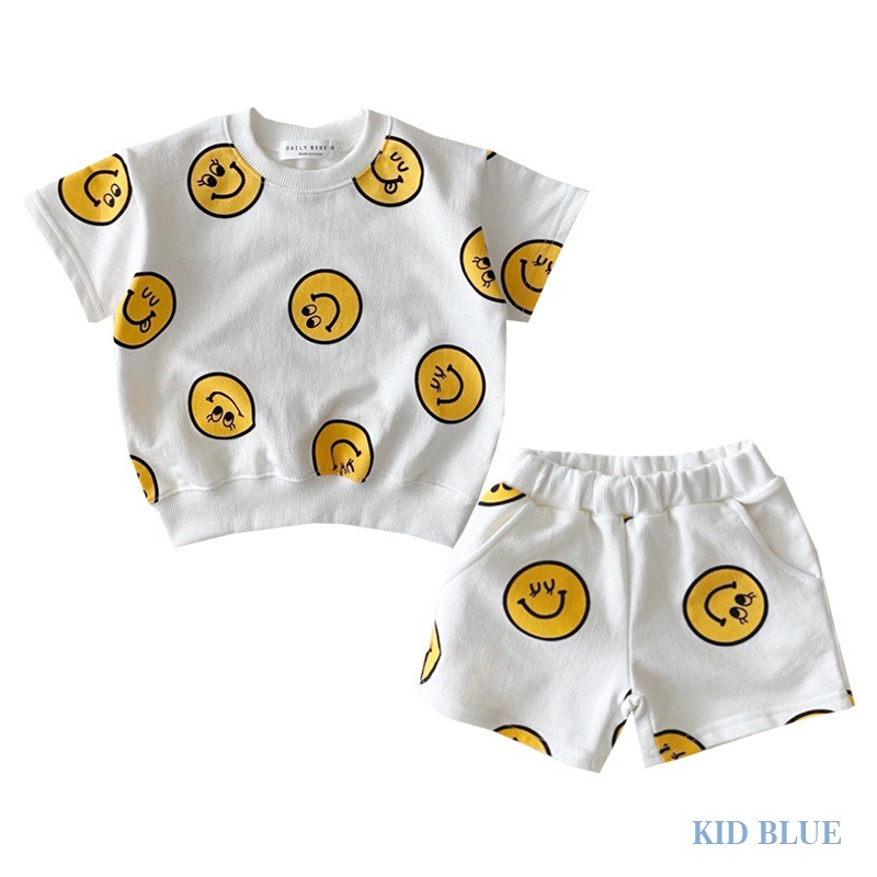 Set Áo Thun Ngắn Tay In Hình Mặt Cười + Quần Short Cho Bé