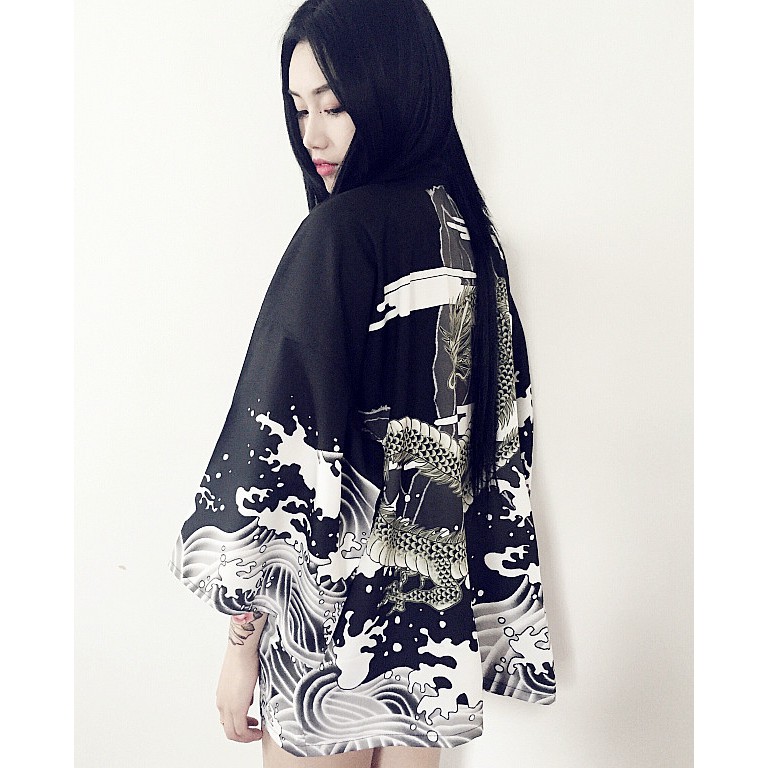Áo kimono, phong cách Harajuku, họa tiết rồng cổ của Nhật, áo đi biển