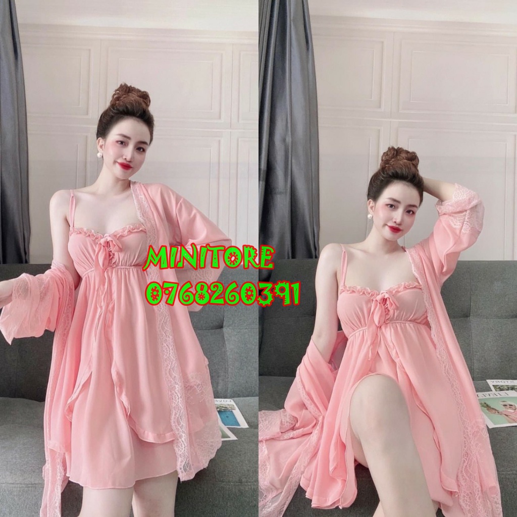 COMBO ĐẦM VOAN CÓ MÚT, ÁO CHOÀNG KÈM QUẦN NGẮN, VOAN MỎNG GỢI CẢM QUYẾN RỦ MẶC NGỦ BAO ĐẸP - Combo Voan