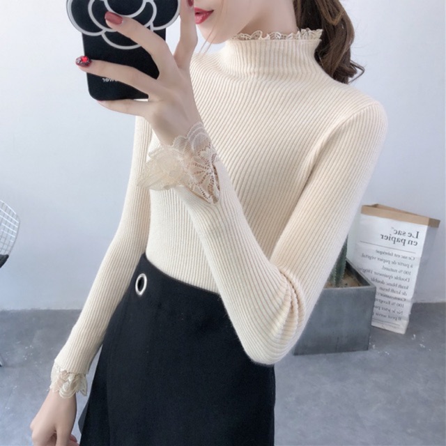 MS204 Áo len nữ Quảng Châu phối ren điệu đà