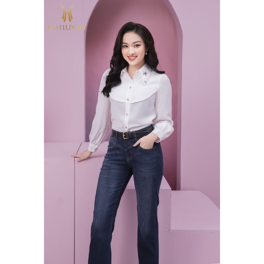 Quần jean xanh nữ cao cấp H&H Luxury - Quần Jean xanh dáng loe nhẹ, cạp cao sang chảnh