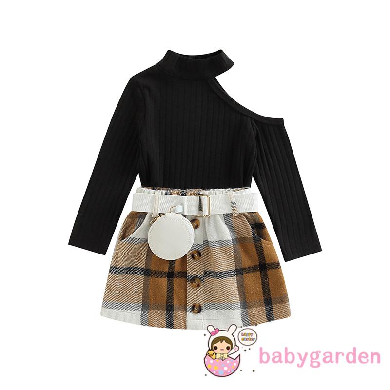 Set Áo Thun Tay Dài Hở Vai Kèm Chân Váy Caro Cho Bé Gái 1-6 Tuổi