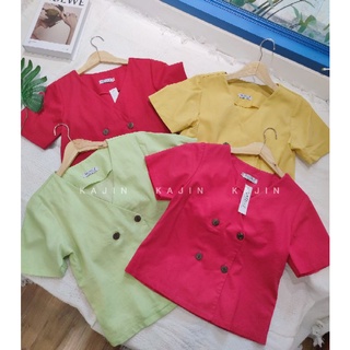 Áo linen cổ V nút gỗ đắp tà