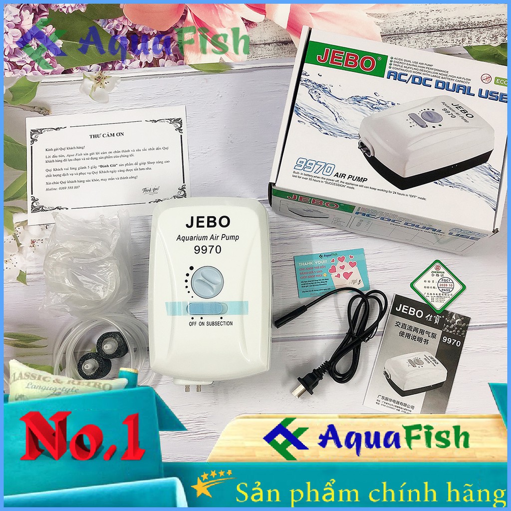 Máy Sủi Tích Điện JEBAO 9970 (máy sủi khí tích điện 2 vòi chạy êm tặng kèm 2 bộ dây và quả sủi)