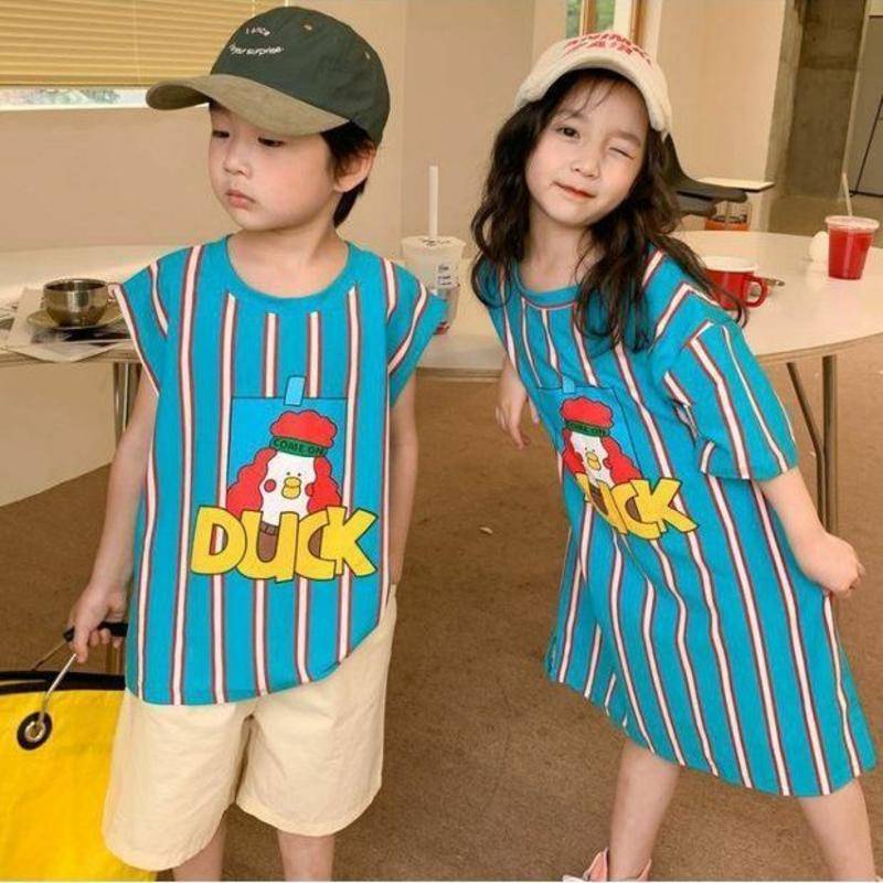 Đầm bé gái/ áo thun bé trai tay ngắn in hoạt hình thời trang mùa hè Hàn Quốc dễ thương