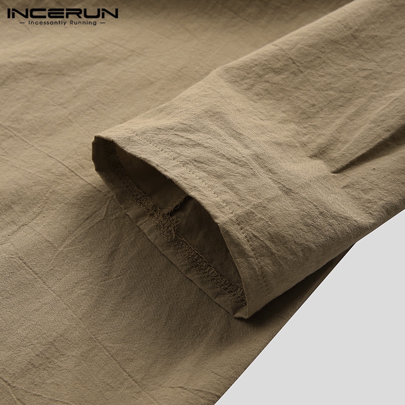 Áo vải lanh INCERUN tay dài cổ chữ V thời trang cho nam