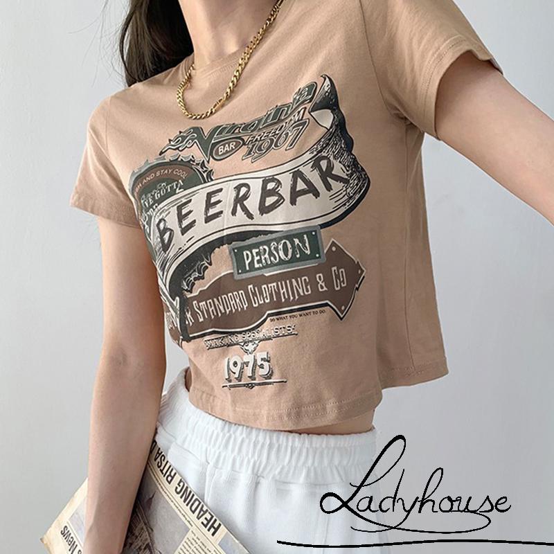 Áo Croptop Ngắn Tay Cổ Tròn In Chữ Thời Trang Xuân Hè Cho Nữ