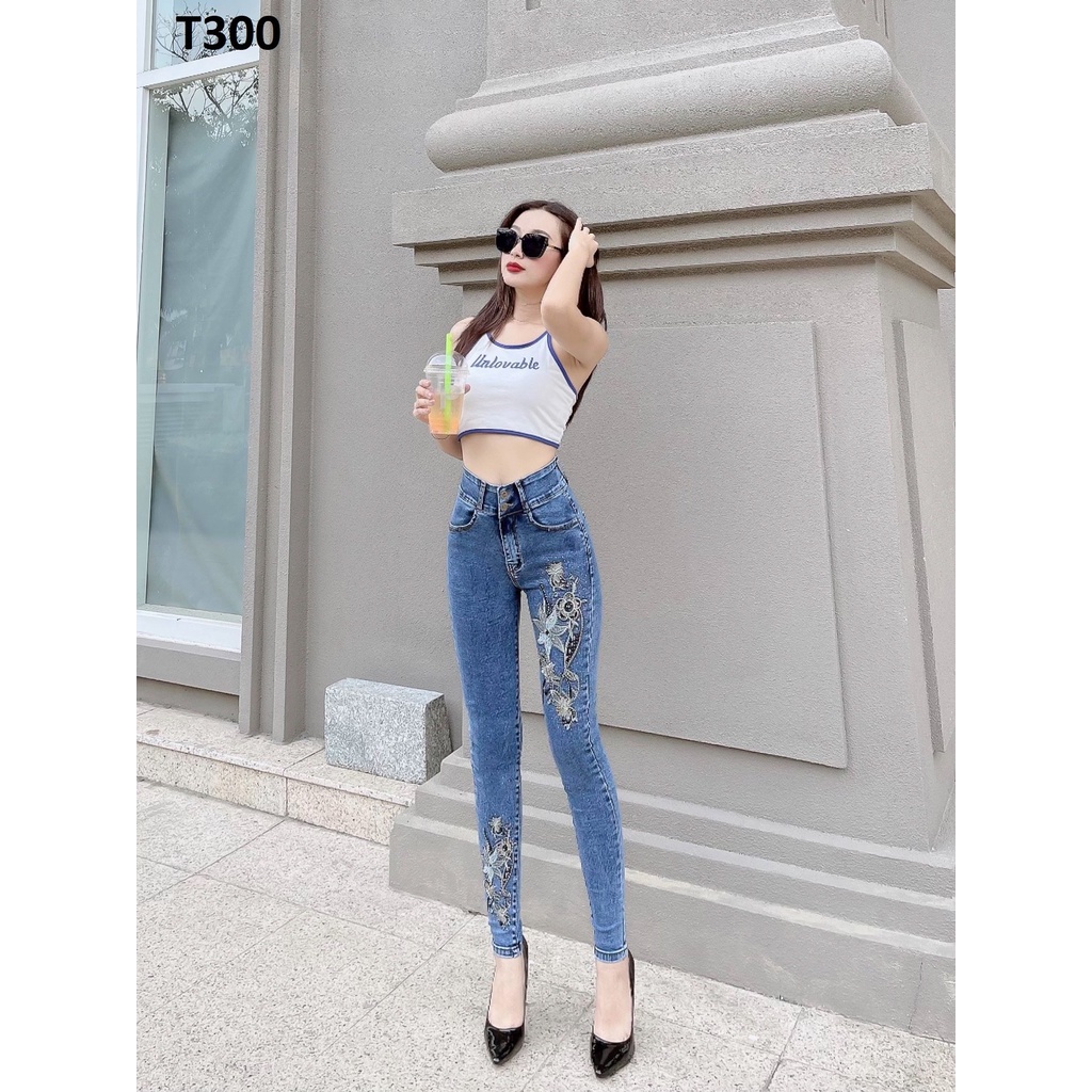 Quần jean nữ thêu hoa co giãn T300