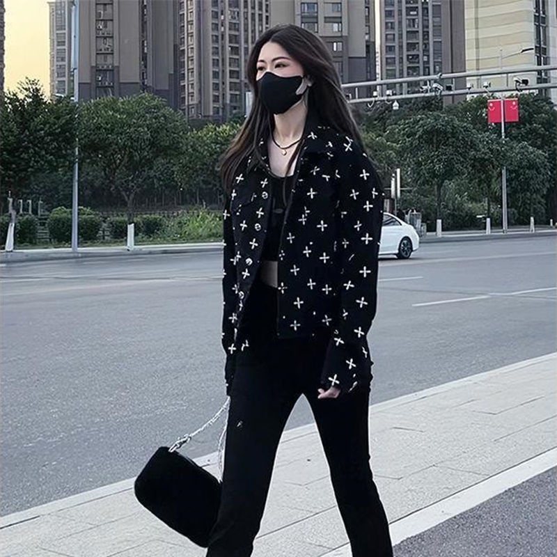 80-200 jin large-size black denim jacket for women's new Spring and Autumn Hong Kong style loose cross blouse