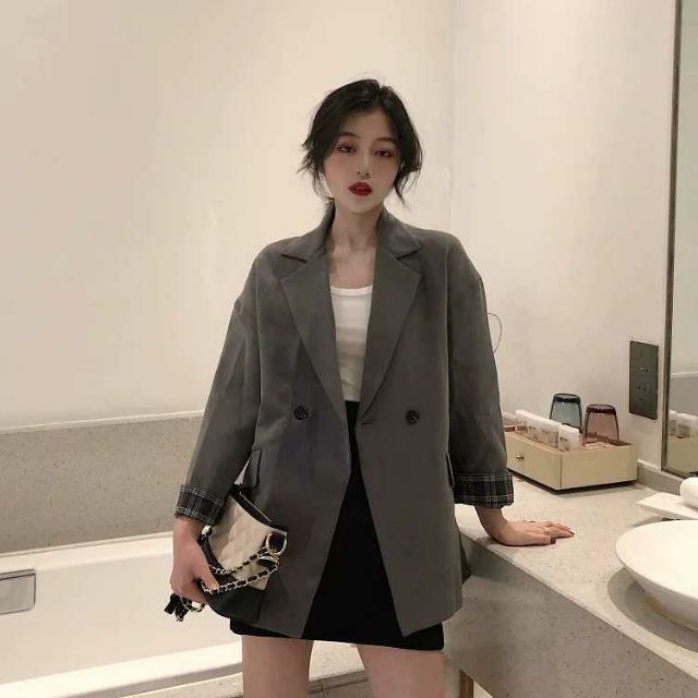 Order set áo blazer + chân váy tầng kẻ caro dáng dài